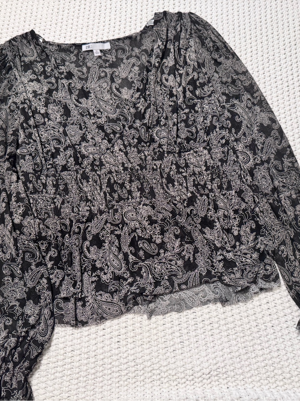 DR2 Black and White Paisley Long Sleeve Peplum Top